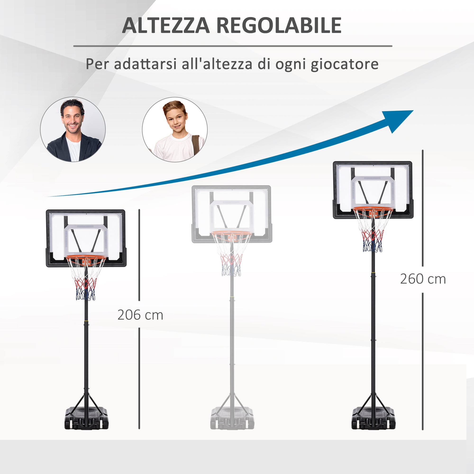 Easycomfort Canestro Basket Altezza Regolabile 160-210cm, Struttura in Acciaio e Base con Ruote, Tabellone in PE Trasparente