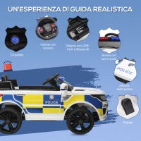Macchina Elettrica per Bambini della Polizia, 12V Auto Elettrica per Bambini con Telecomando, Sirena Luci Attacco USB per Musica, 110x68x52cm, Bianco