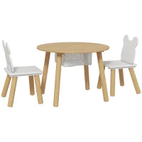 Set con Tavolo e 2 Sedie per Bambini con Schienale a Orsetto, Tavolino con Vano Contenitore, Bianco e Legno