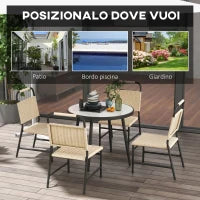 Set da Giardino con Tavolo in Vetro Effetto Marmo e 4 Sedie in Rattan, Colore Cachi