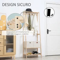 Appendiabiti in Legno Naturale con 4 Ganci, 3 Mensole e 2 Cassetti in Tessuto, 58x36x168cm