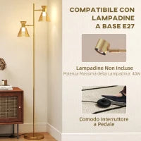 Lampada da Terra Moderna con 2 Luci e Teste Regolabili, Interruttore a Pedale, Oro