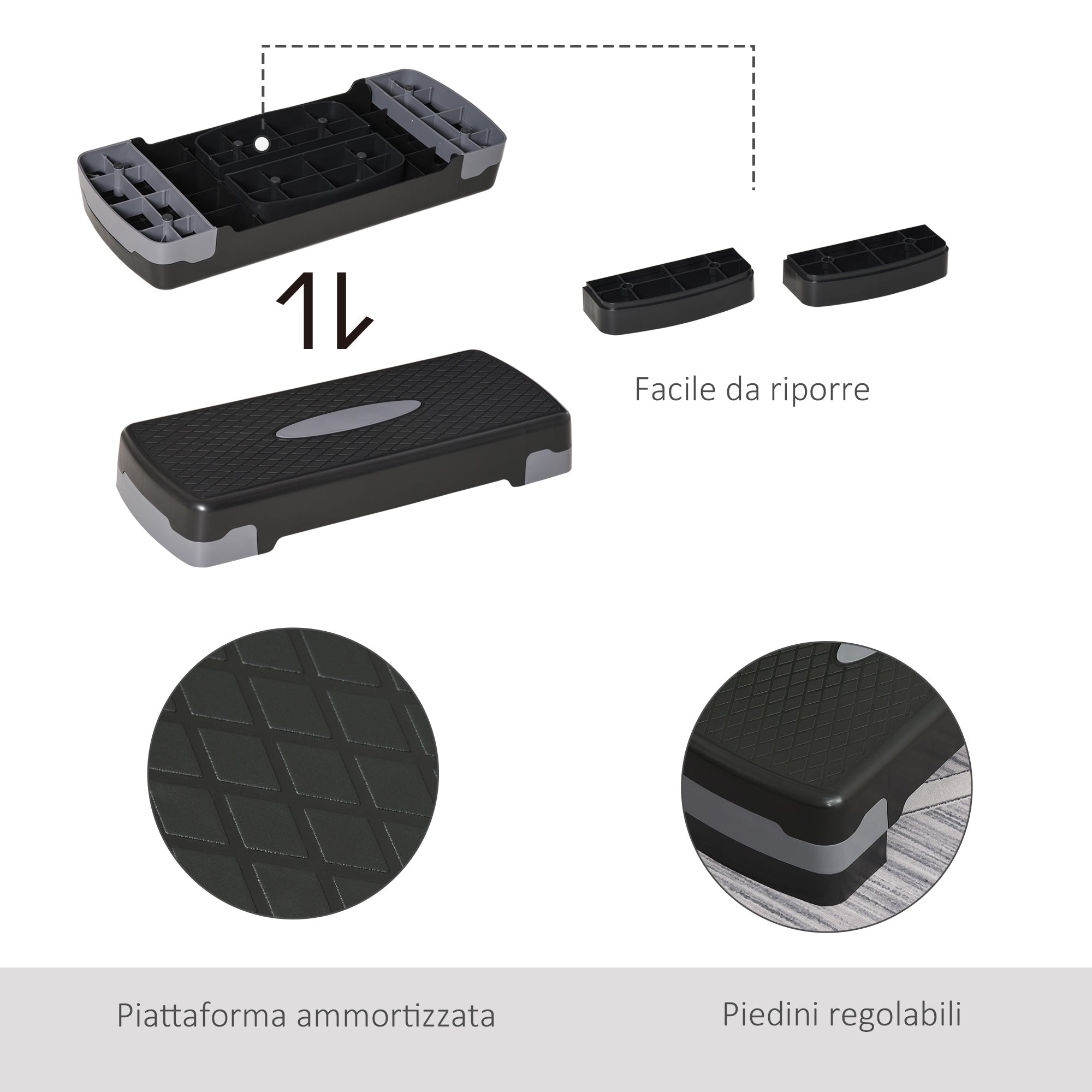 Easycomfort Step Fitness per Allenamento a Casa e Palestra, in PP con Altezza Regolabile 10cm e 15cm, 68x29cm Nero e Grigio