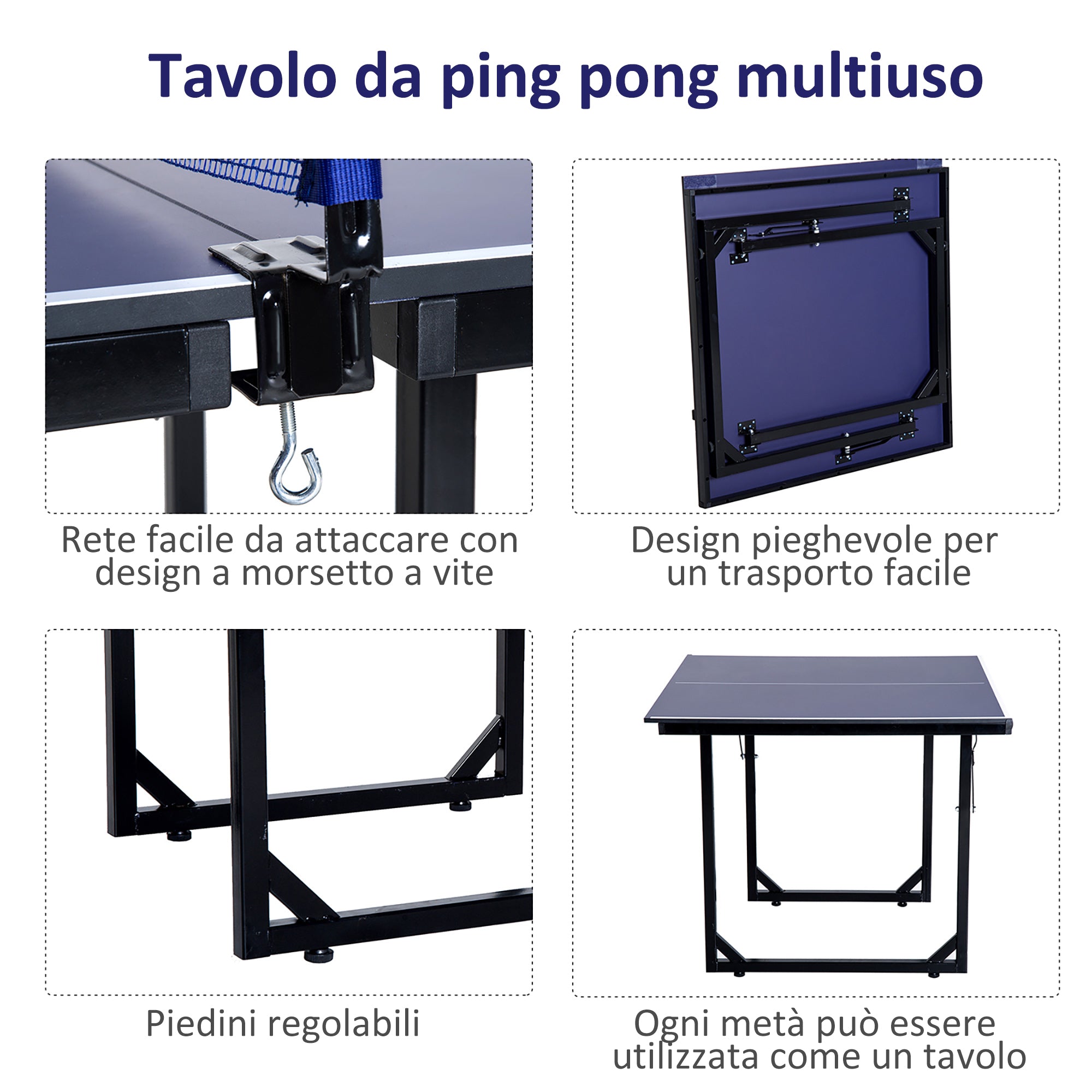 Easycomfort Tavolo da Ping Pong Pieghevole e Salvaspazio con Rete da Gioco per Interno, in Acciaio e MDF, 182x91x76cm, Blu