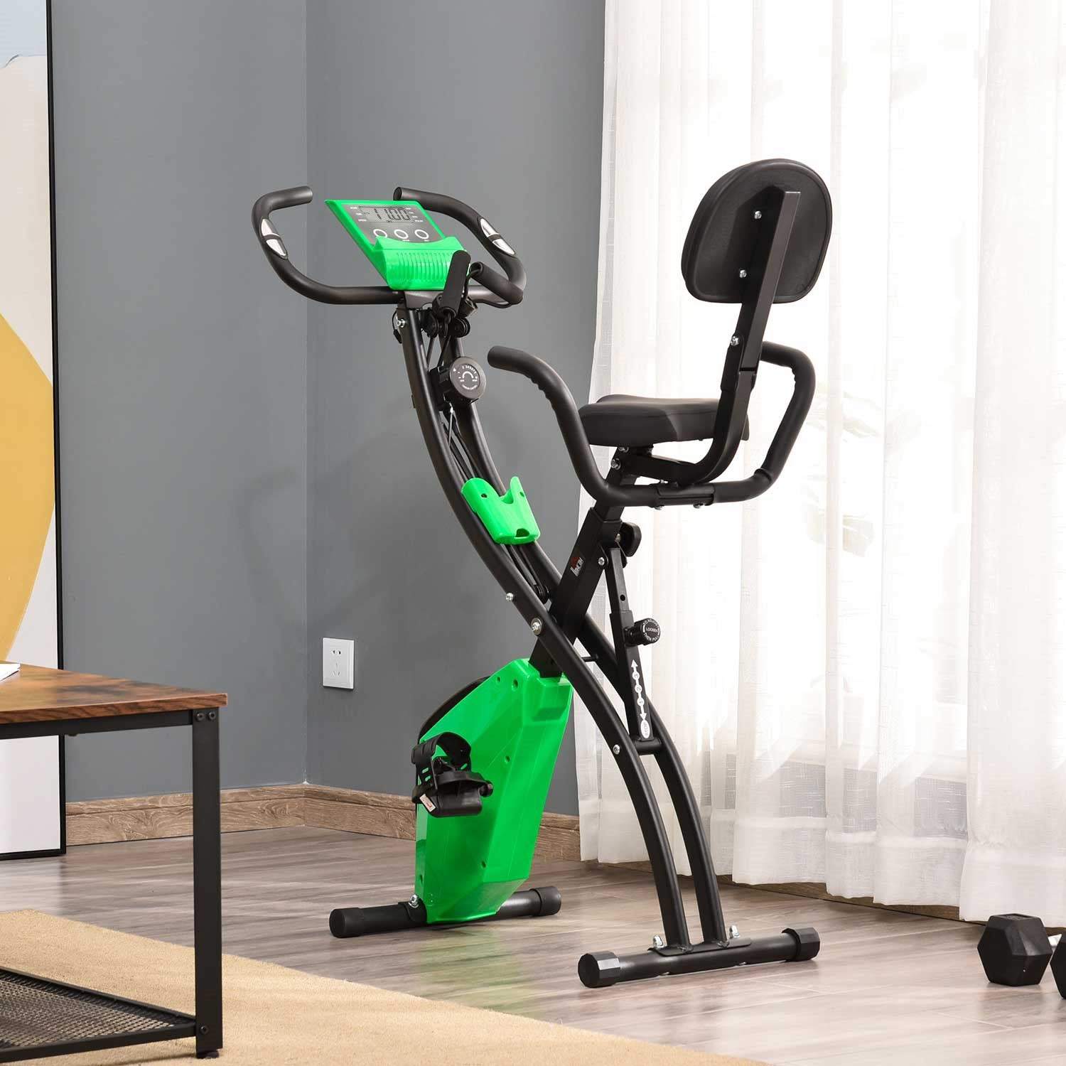 EasyComfort Cyclette Pieghevole 2 in 1, Resistenza Magnetica Regolabile 8 Livelli, Bici da Fitness con Sensore di Frequenza Cardiaca, Elastici per Braccia, Schermo LCD, Verde