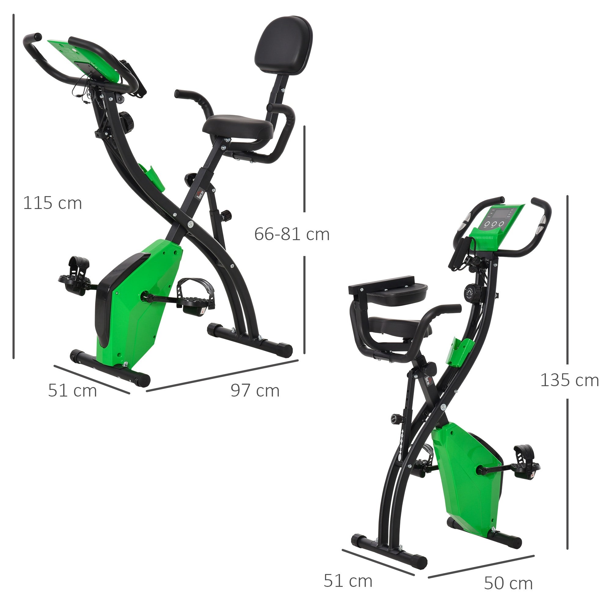 EasyComfort Cyclette Pieghevole 2 in 1, Resistenza Magnetica Regolabile 8 Livelli, Bici da Fitness con Sensore di Frequenza Cardiaca, Elastici per Braccia, Schermo LCD, Verde