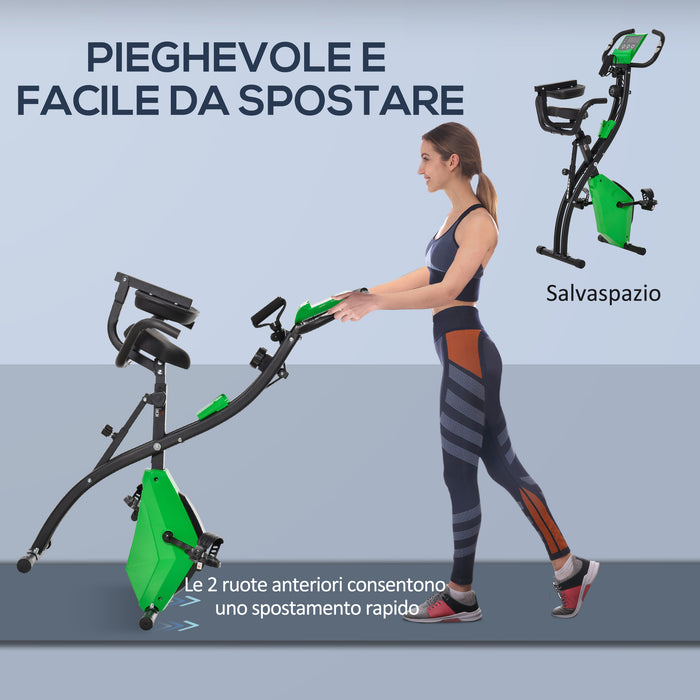 EasyComfort Cyclette Pieghevole 2 in 1, Resistenza Magnetica Regolabile 8 Livelli, Bici da Fitness con Sensore di Frequenza Cardiaca, Elastici per Braccia, Schermo LCD, Verde