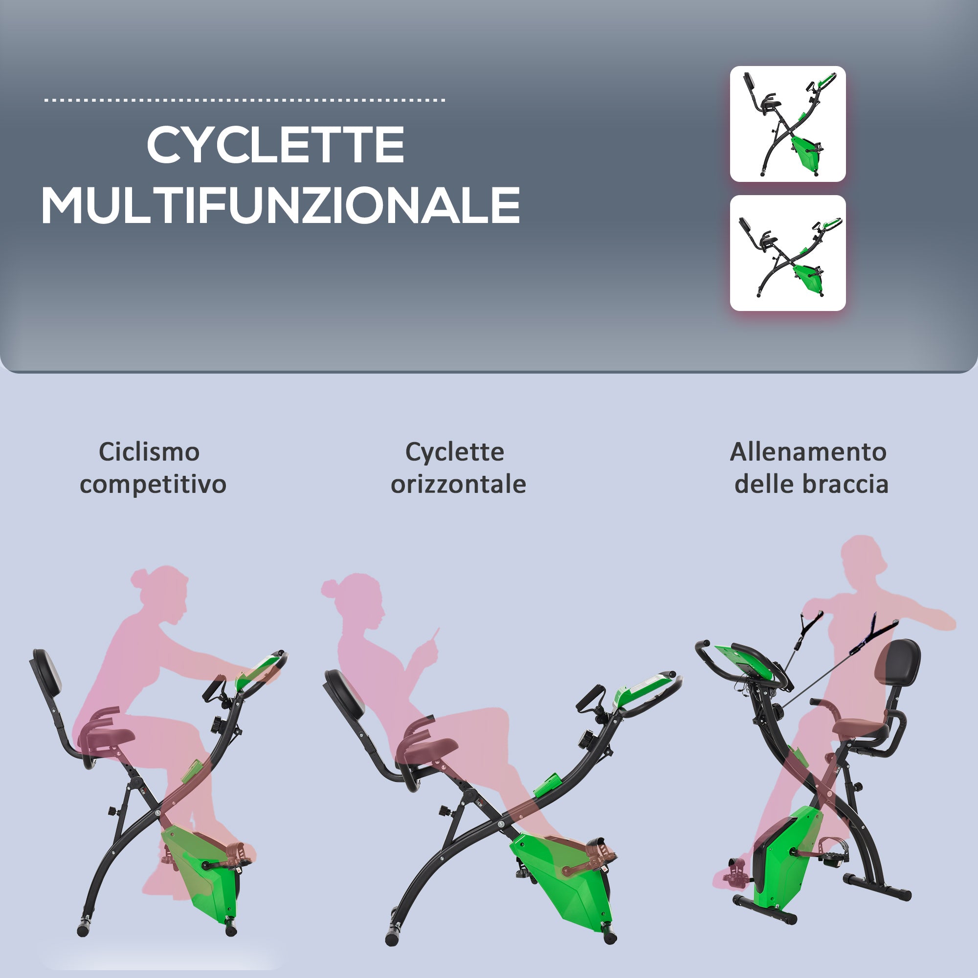 EasyComfort Cyclette Pieghevole 2 in 1, Resistenza Magnetica Regolabile 8 Livelli, Bici da Fitness con Sensore di Frequenza Cardiaca, Elastici per Braccia, Schermo LCD, Verde