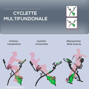 EasyComfort Cyclette Pieghevole 2 in 1, Resistenza Magnetica Regolabile 8 Livelli, Bici da Fitness con Sensore di Frequenza Cardiaca, Elastici per Braccia, Schermo LCD, Verde