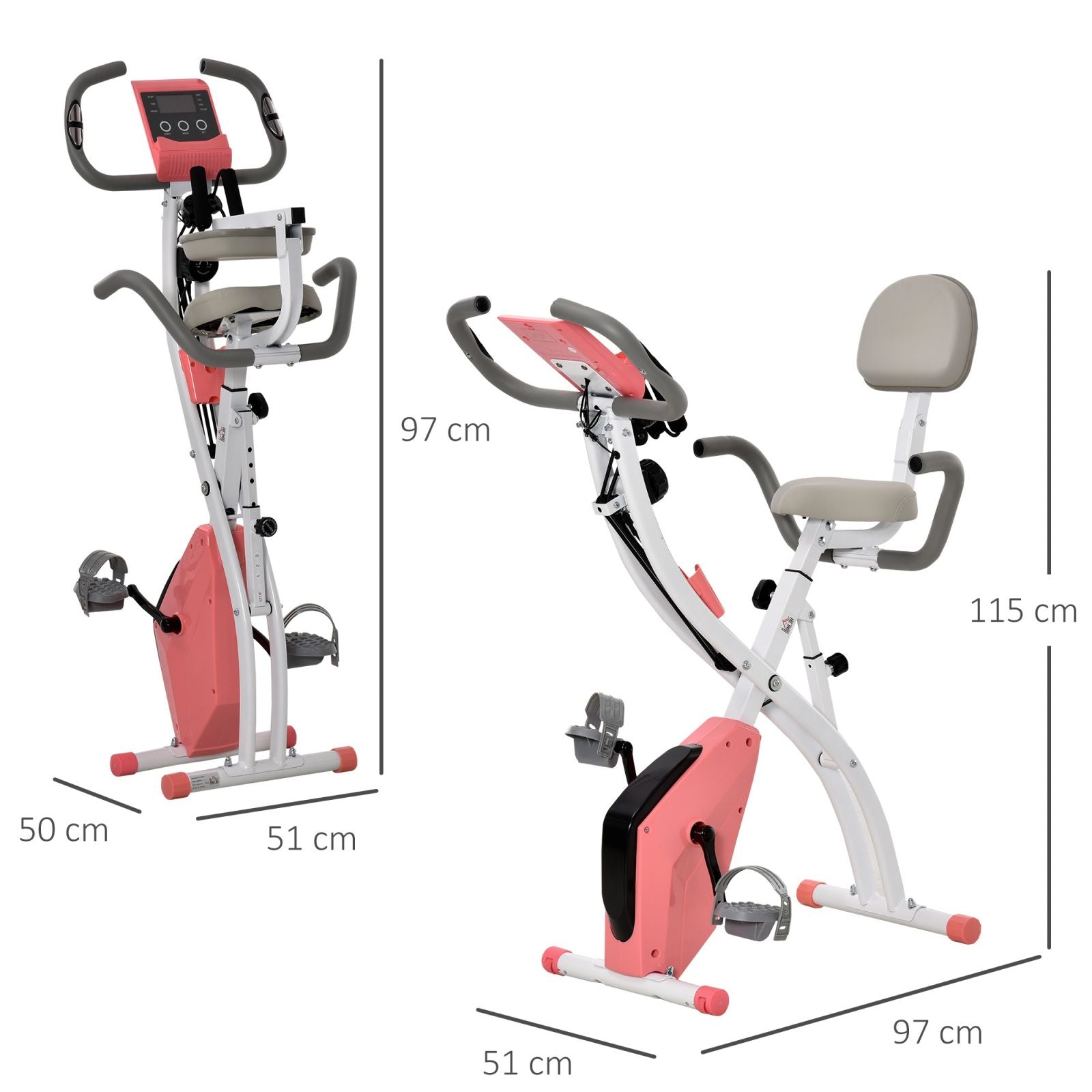 EasyComfort Cyclette Pieghevole 2 in 1, Resistenza Magnetica Regolabile 8 Livelli, Bici da Fitness con Sensore di Frequenza Cardiaca, Elastici per Braccia, Schermo LCD, Volano 2.5kg, Rosa