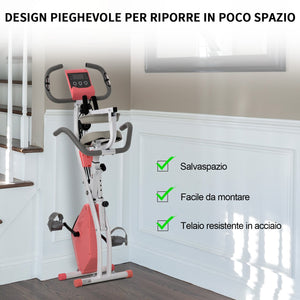 EasyComfort Cyclette Pieghevole 2 in 1, Resistenza Magnetica Regolabile 8 Livelli, Bici da Fitness con Sensore di Frequenza Cardiaca, Elastici per Braccia, Schermo LCD, Volano 2.5kg, Rosa