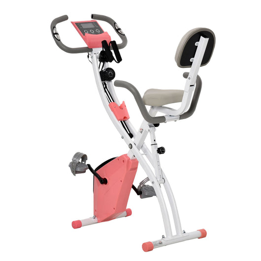 EasyComfort Cyclette Pieghevole 2 in 1, Resistenza Magnetica Regolabile 8 Livelli, Bici da Fitness con Sensore di Frequenza Cardiaca, Elastici per Braccia, Schermo LCD, Volano 2.5kg, Rosa