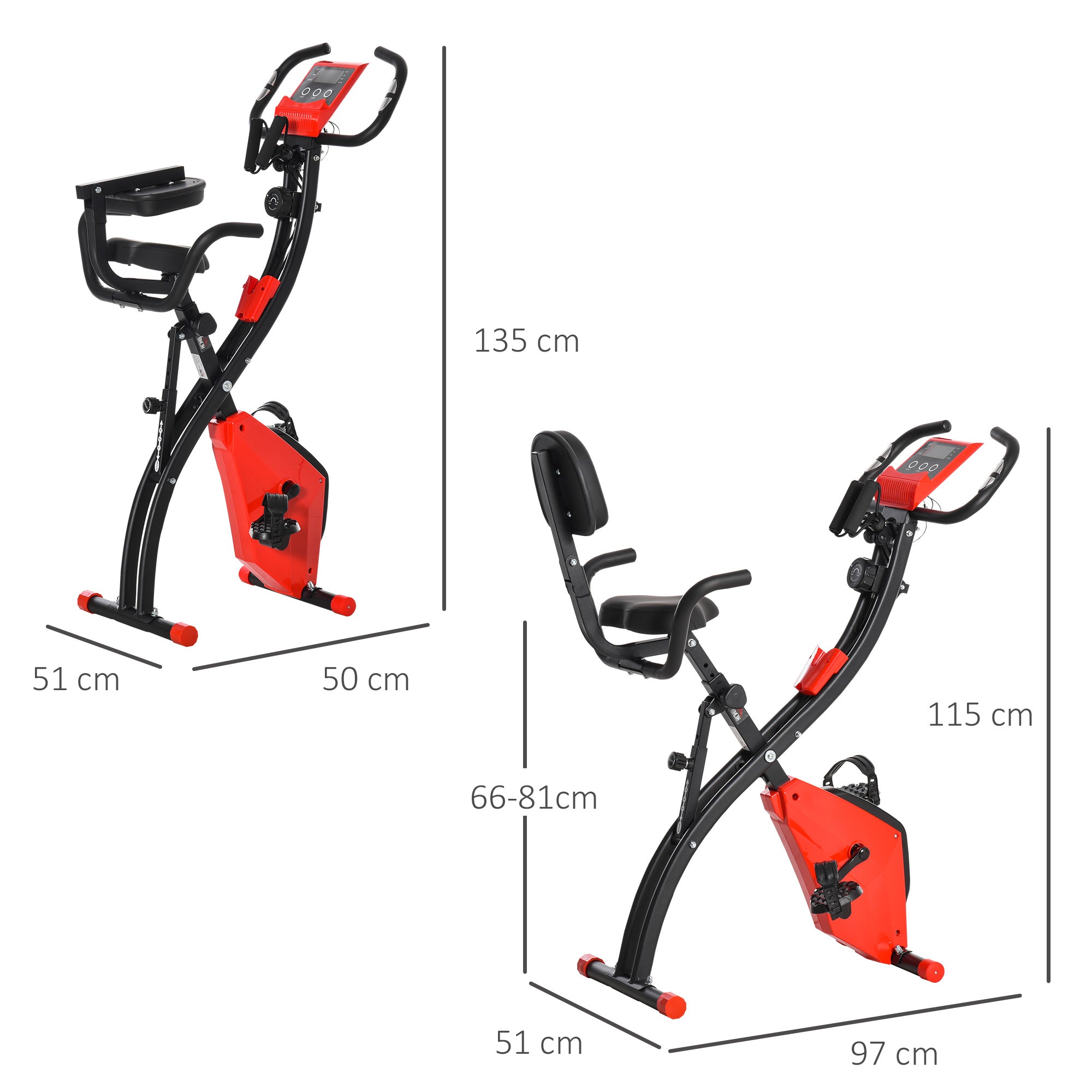 Easycomfort Cyclette Pieghevole 2 in 1, Resistenza Magnetica Regolabile 8 Livelli, Bici da Fitness con Sensore di Frequenza Cardiaca, Elastici per Braccia, Schermo LCD, Rosso