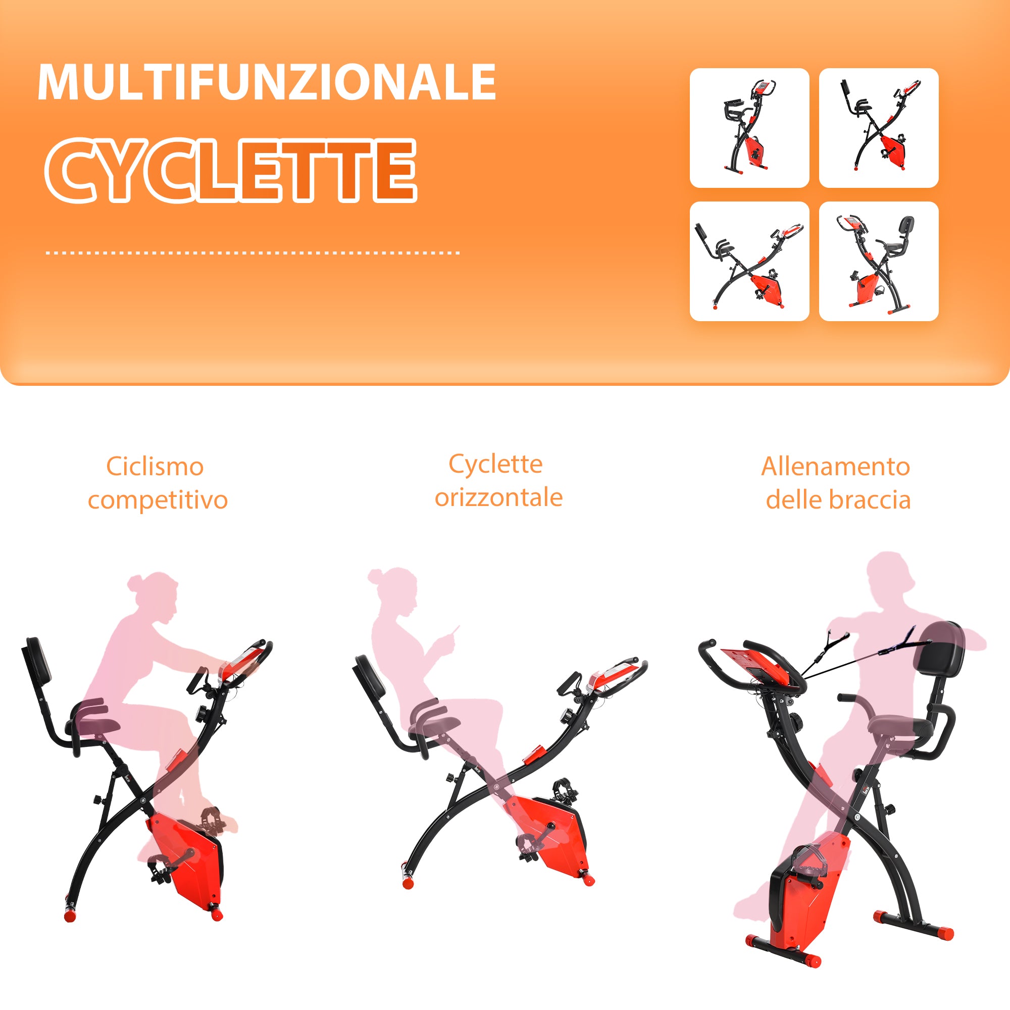 Easycomfort Cyclette Pieghevole 2 in 1, Resistenza Magnetica Regolabile 8 Livelli, Bici da Fitness con Sensore di Frequenza Cardiaca, Elastici per Braccia, Schermo LCD, Rosso