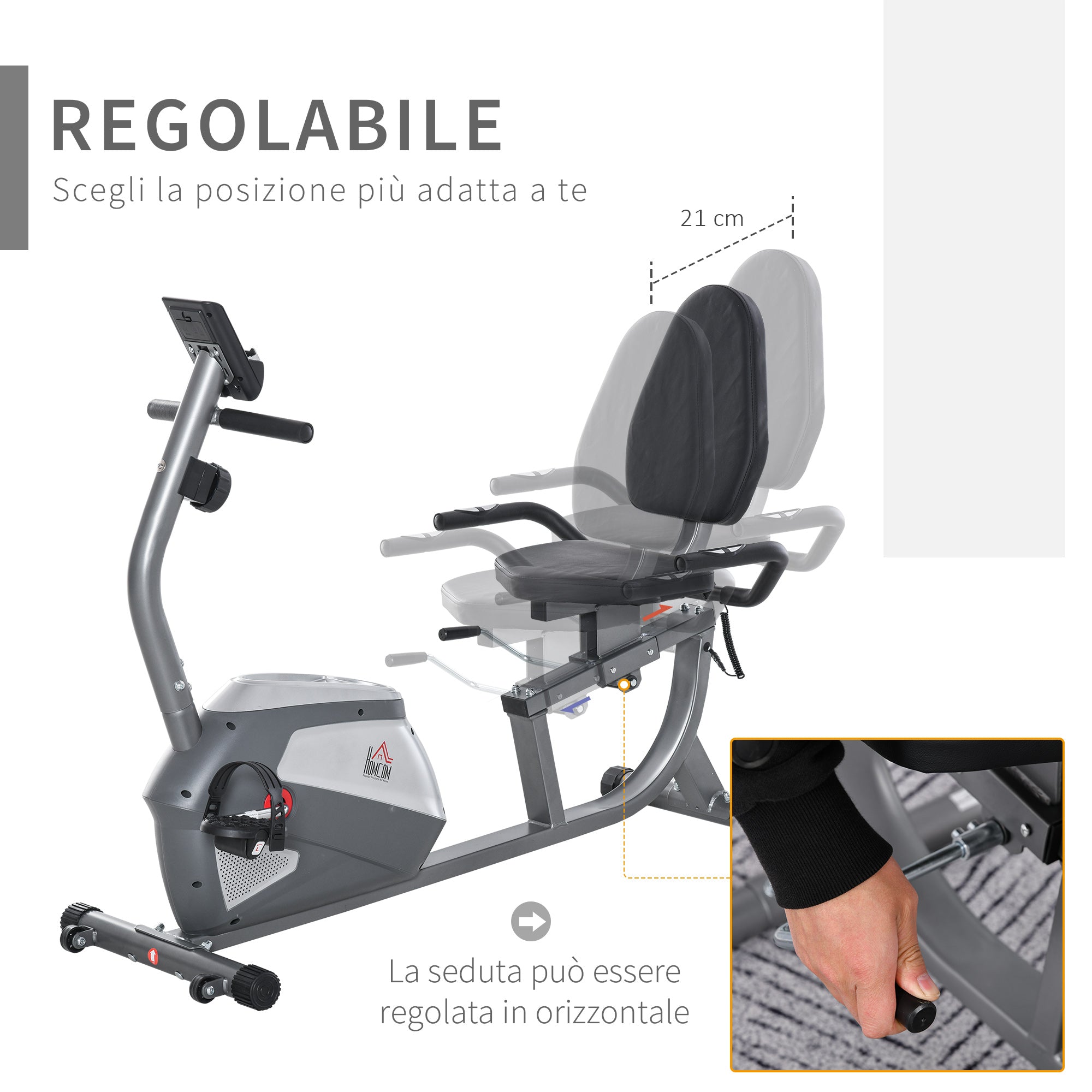 Easycomfort Cyclette Orizzontale con Seduta Regolabile, 8 Resistenze e Monitor LCD, 121.5-136x62.5x98cm, Grigio