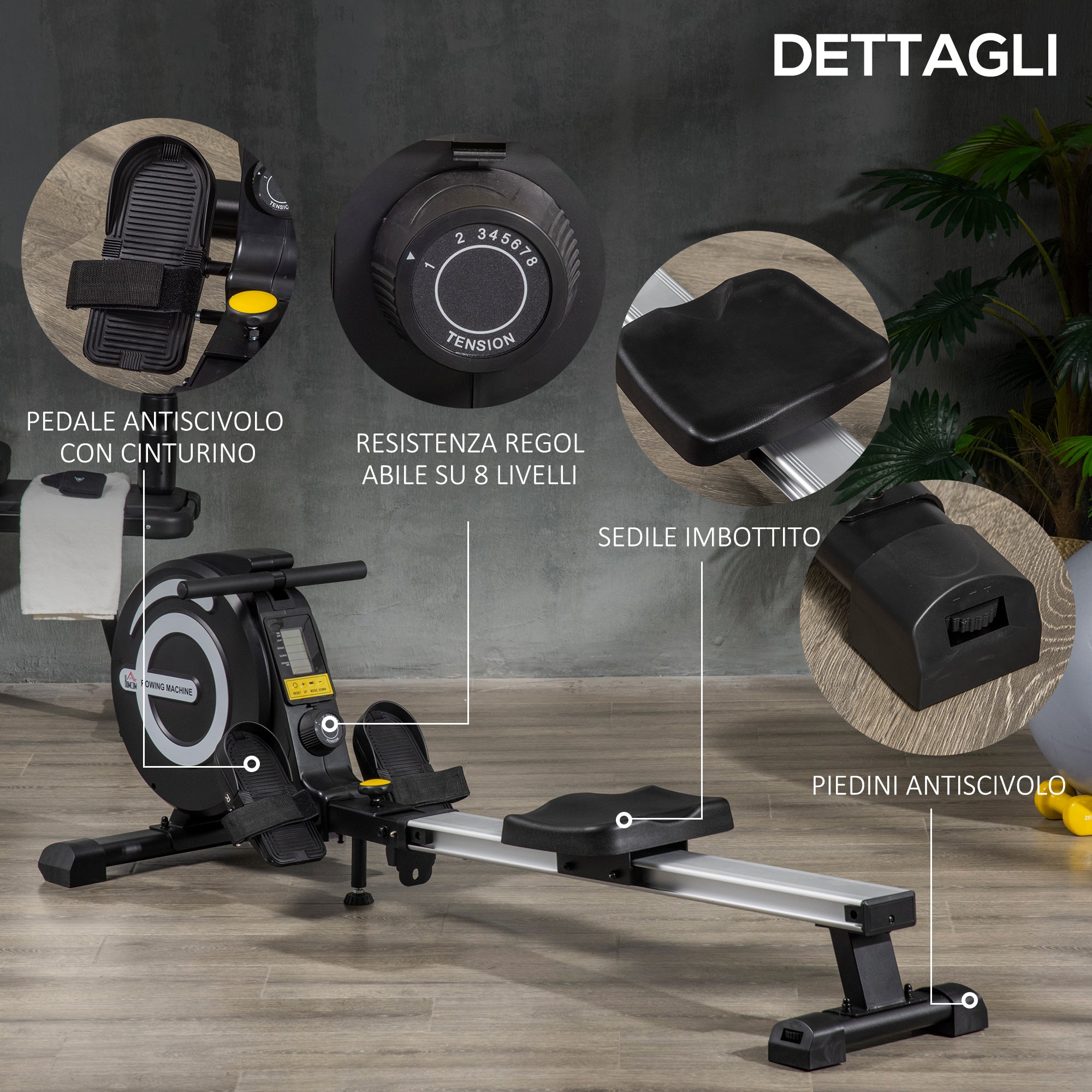 Easycomfort Vogatore Magnetico Pieghevole per Allenamento a Casa, Volano Regolabile su 8 Livelli e Monitor LCD, 185x58x57cm, Nero