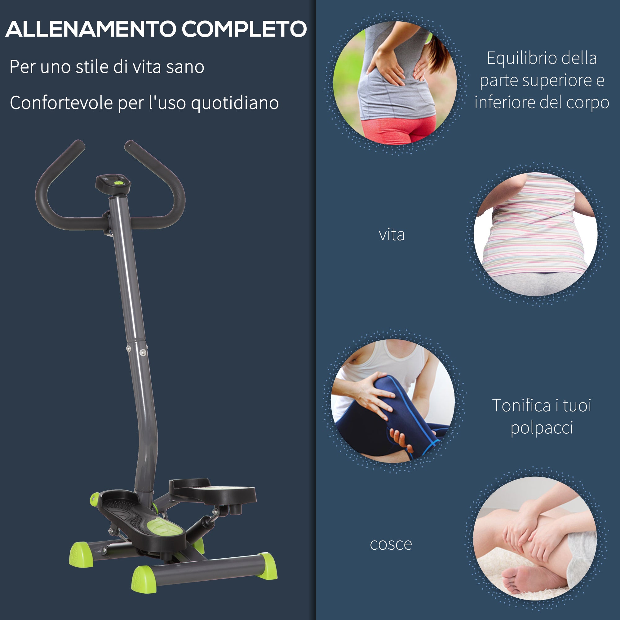 Easycomfort Stepper con Manubrio e Monitor LCD, Pedali Antiscivolo e Struttura in Acciaio e ABS, 55x44x108Acm, Grigio e Verde