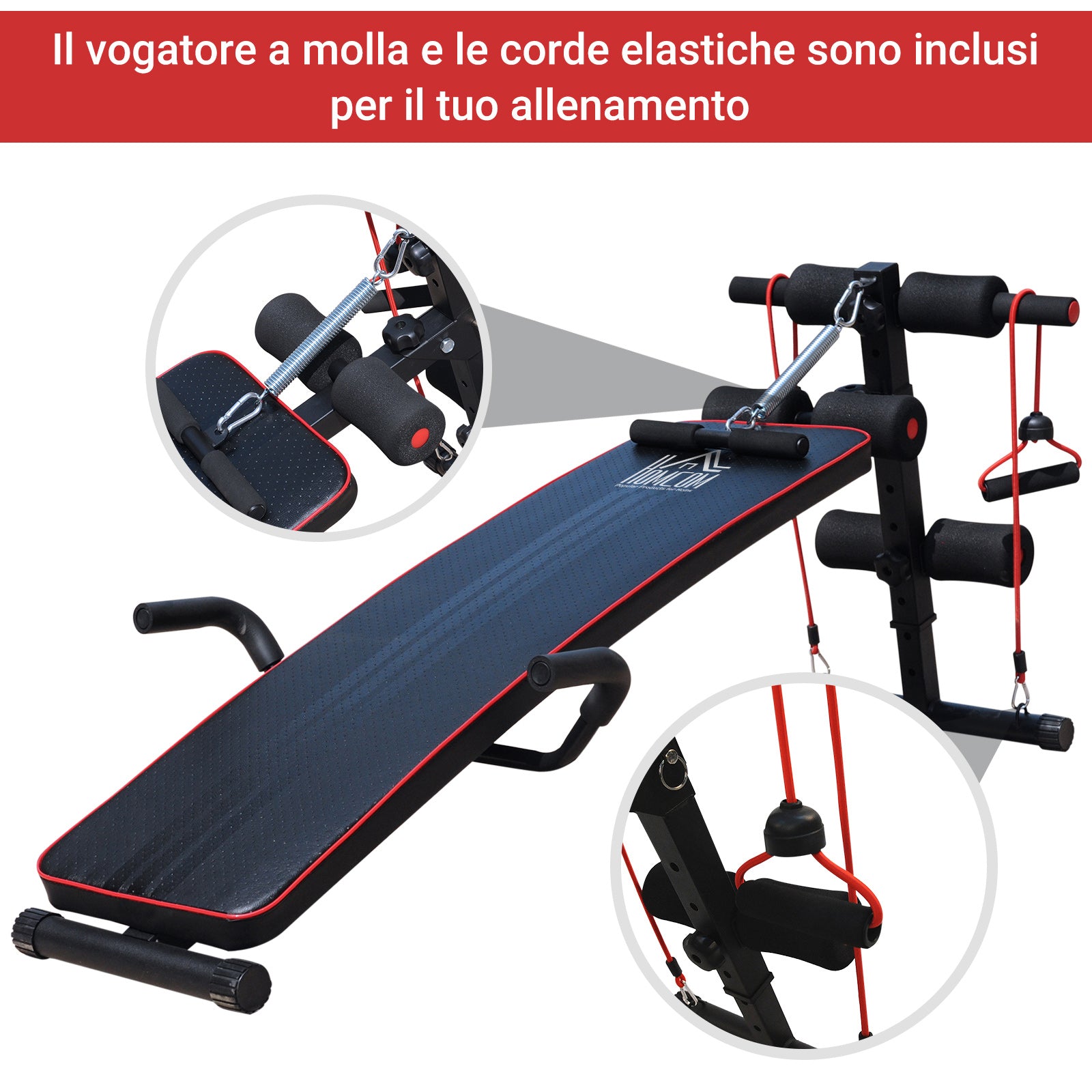Easycomfort Panca Multifunzione per Allenamento a Casa, Panca Addominali Inclinazione con Vogatore a molla e Schienale Regolabile e 2 Corde Elastiche, 55.5 x 137.5 cm Nero