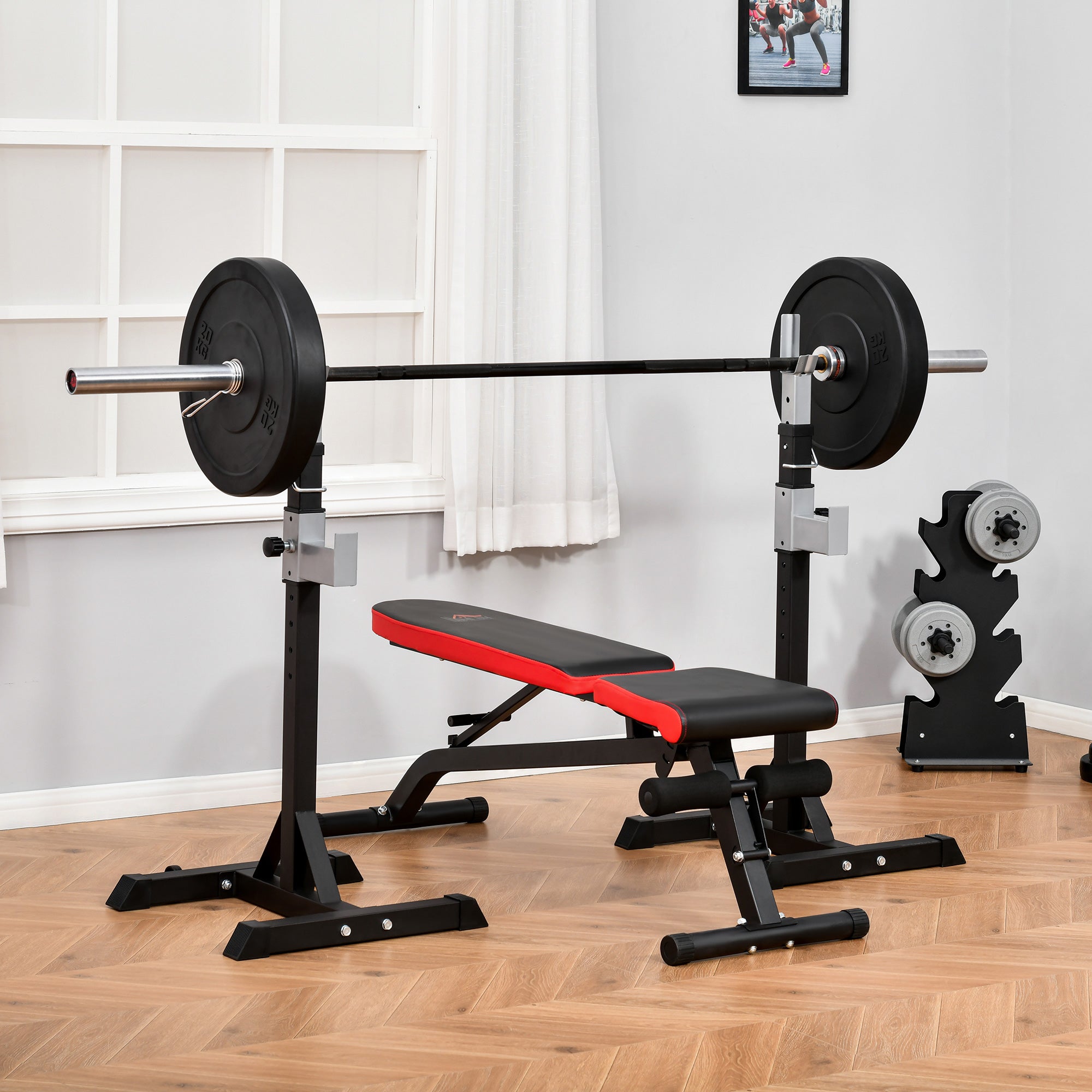 Easycomfort Set 2 Rack Porta Bilanciere in Acciaio, 2 Ganci con Altezza Regolabile, Capacità 150kg, 55x57x105-170cm, Nero