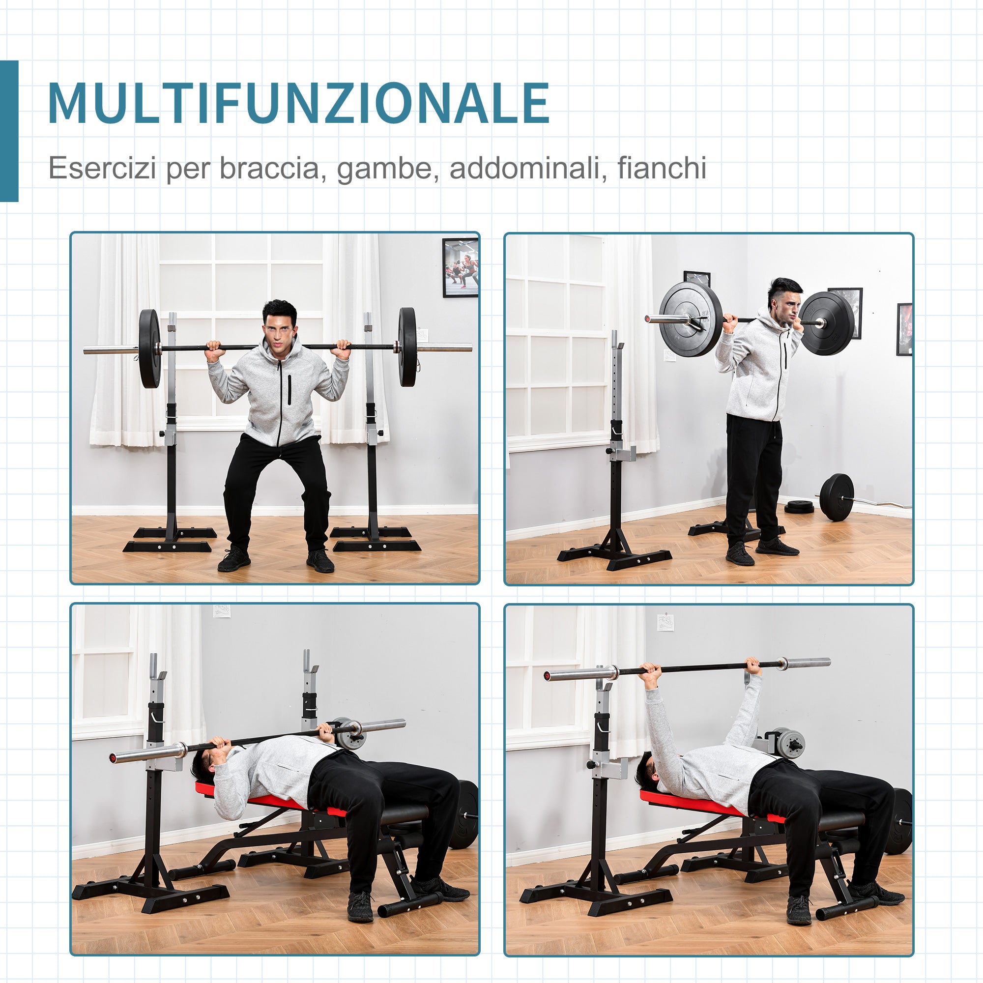 Easycomfort Set 2 Rack Porta Bilanciere in Acciaio, 2 Ganci con Altezza Regolabile, Capacità 150kg, 55x57x105-170cm, Nero