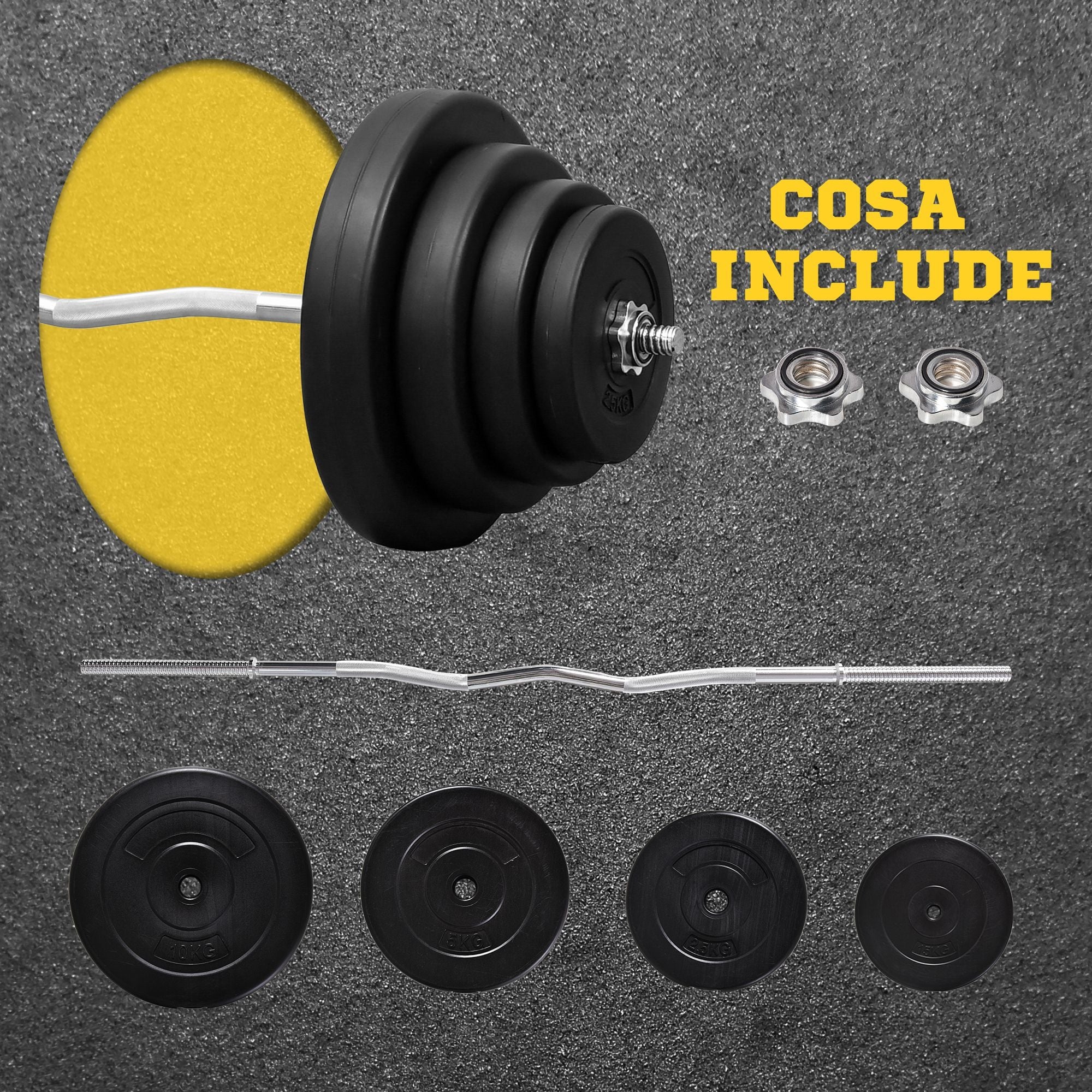 EASYCOMFORT Set Bilanciare da 70kg con 8 Dischi Pesi e Barra Curva in Acciaio, Allenamento a Casa e Palestra, 140x38.5x38.5cm