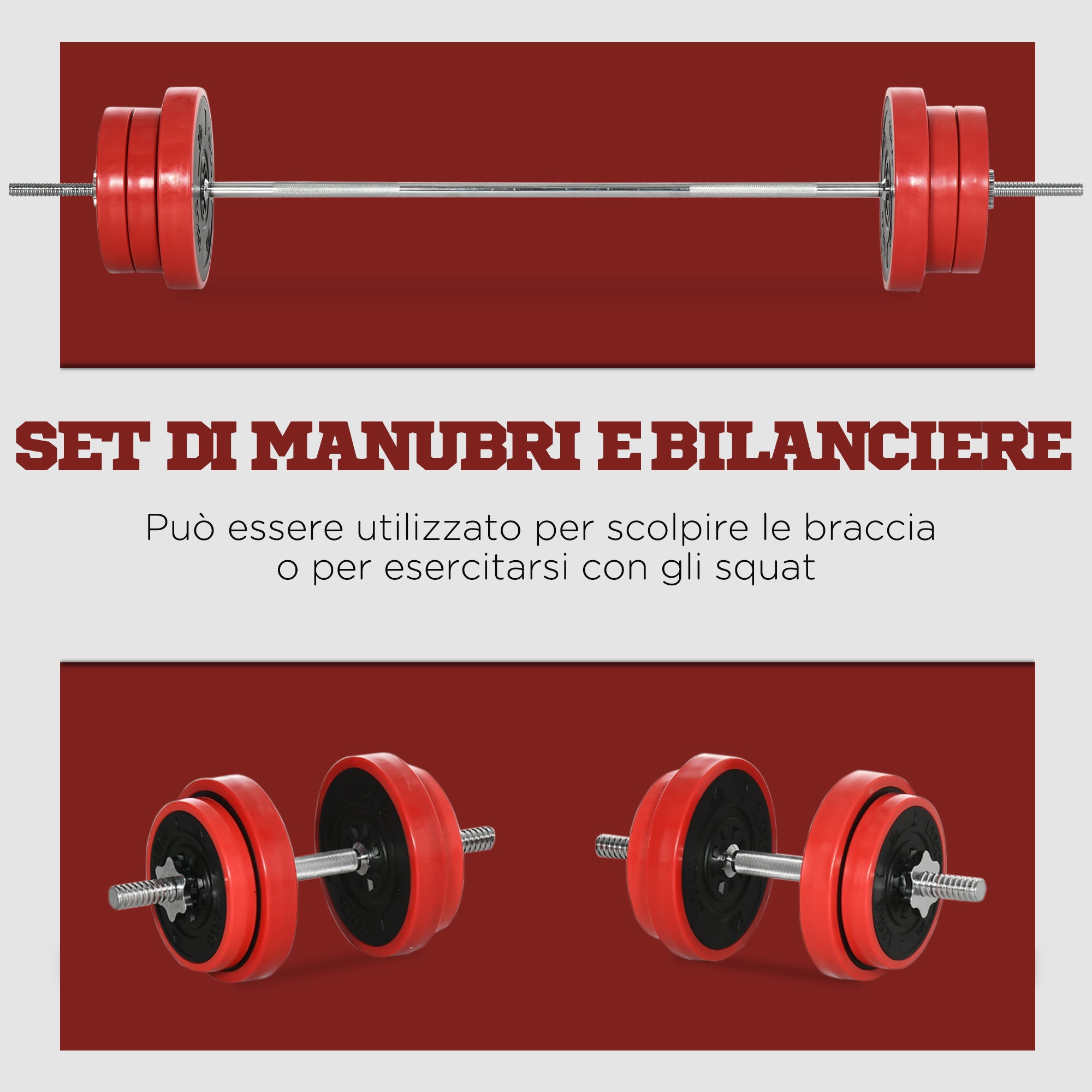 Easycomfort Set Bilanciere e Dischi 65kg totali per Workout in Casa, in Metallo, Sabbia di Ferro e Gomma, Rosso