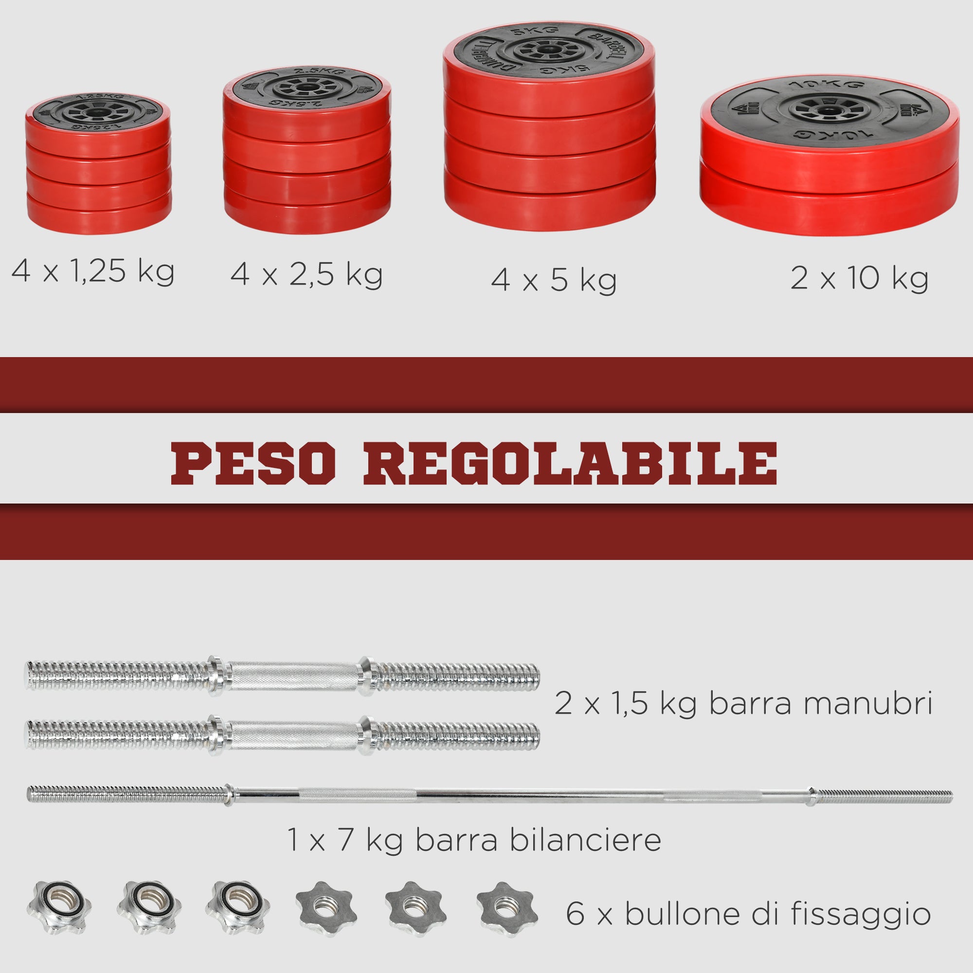 Easycomfort Set Bilanciere e Dischi 65kg totali per Workout in Casa, in Metallo, Sabbia di Ferro e Gomma, Rosso