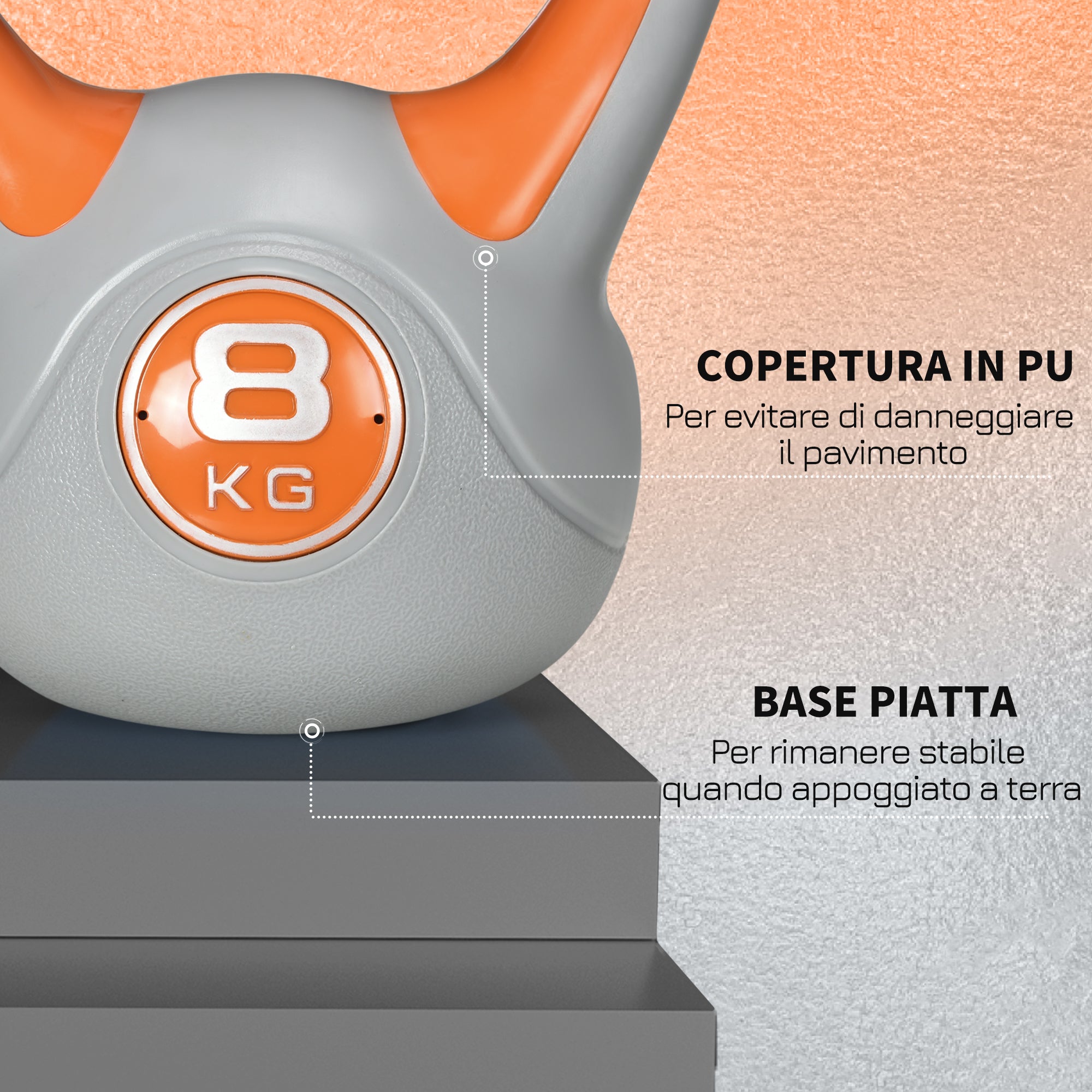 Easycomfort Kettlebell 8kg in PU e Sabbia con Base Piatta e Impugnatura per Stacchi, Squat e Sollevamenti, 20x14x24 cm, Arancione