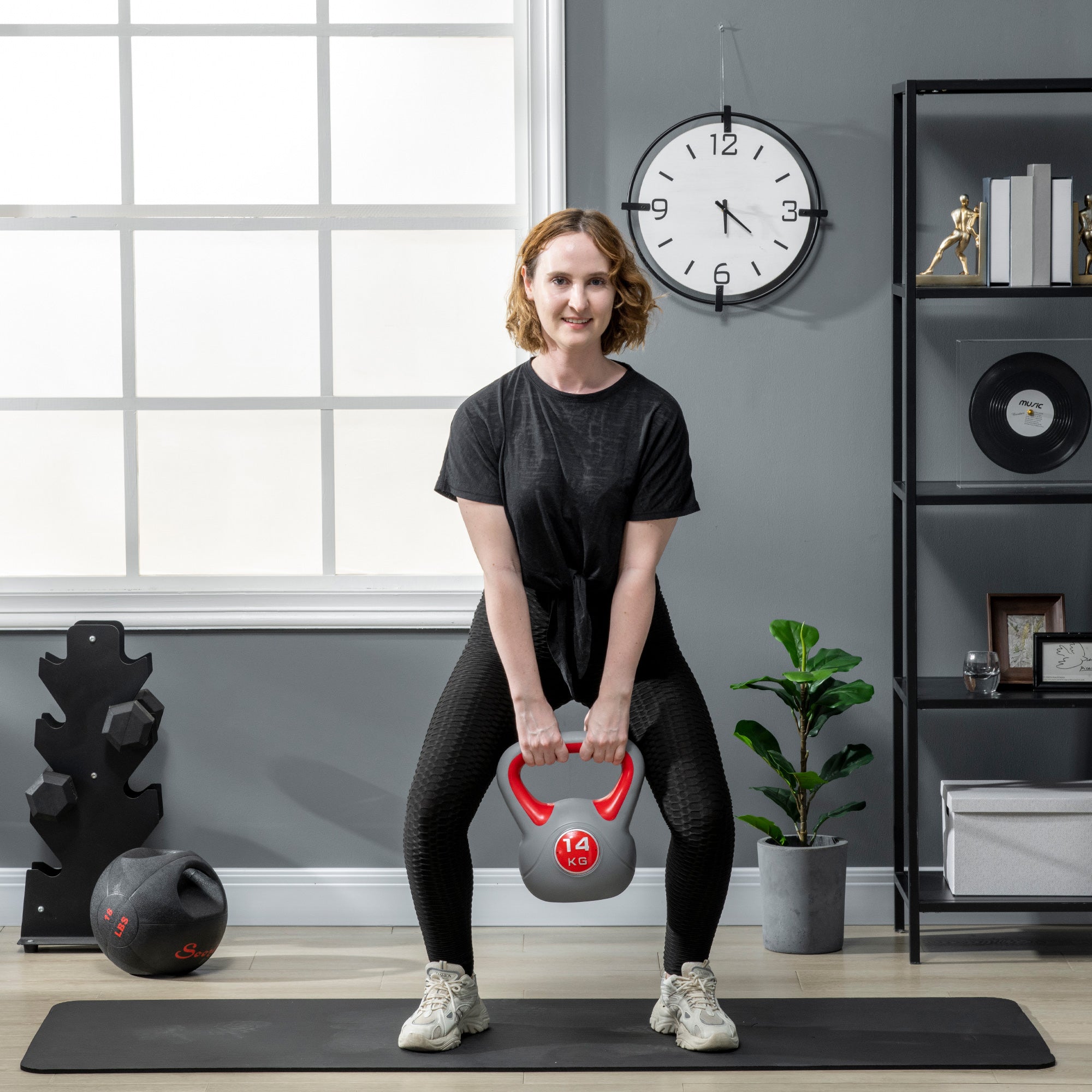 Easycomfort Kettlebell 14kg in PU e Sabbia con Base Piatta e Impugnatura per Stacchi, Squat e Sollevamenti, 26x18x32 cm, Rosso