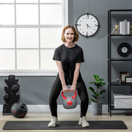 Easycomfort Kettlebell 14kg in PU e Sabbia con Base Piatta e Impugnatura per Stacchi, Squat e Sollevamenti, 26x18x32 cm, Rosso