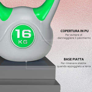 EasyComfort Kettlebell 16kg in PU e Sabbia con Base Piatta e Impugnatura per Stacchi, Squat e Sollevamenti, 26x18x32 cm, Verde