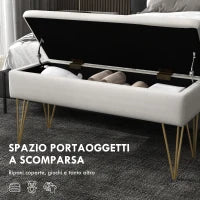 Panca Fondo Letto con Contenitore in Tessuto e Gambe in Acciaio, 100x40x49cm, Crema