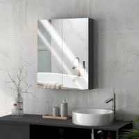 Armadietto Pensile Bagno 2 Ante con Specchiera e 2 Ripiani Interni in MDF, 60x15x75 cm, Nero