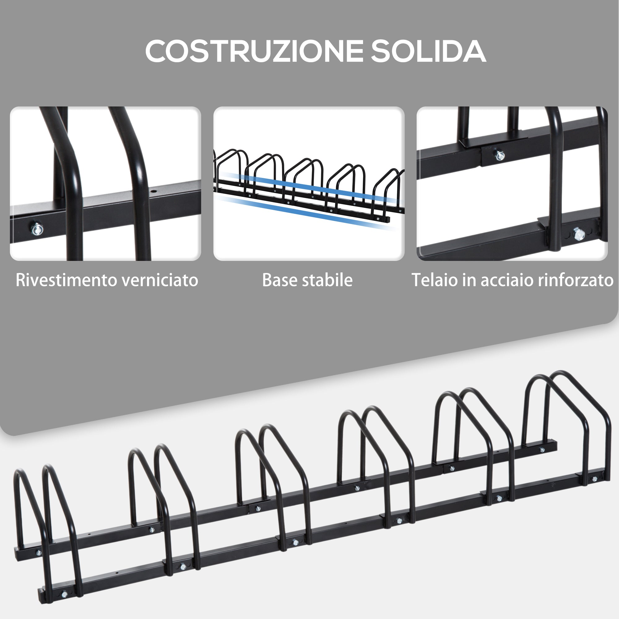 Easycomfort Rastrelliera Portabiciclette Parcheggio per 6 Biciclette in Acciaio, 179x33x27 cm, Nero