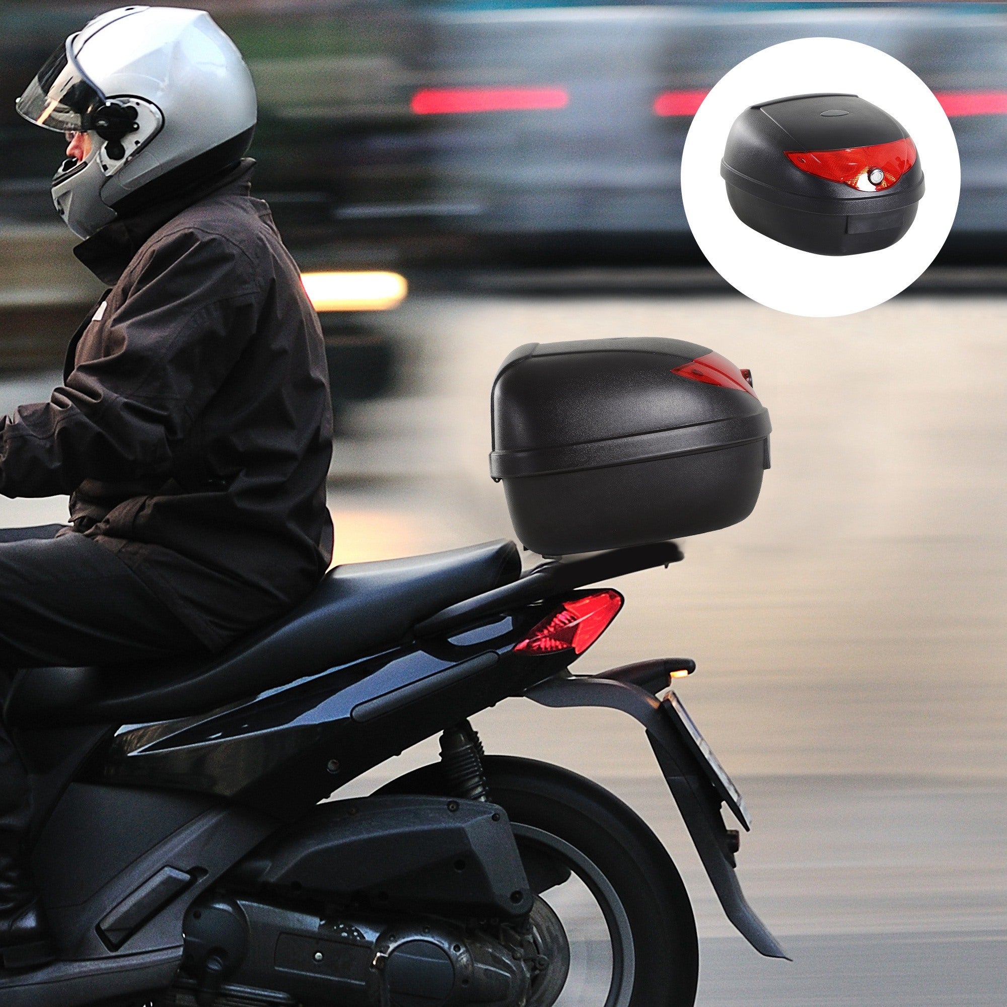 EasyComfort Baule Bauletto per Moto Motorini Scooter Posteriore Universale in Plastica 40 x 38 x 28cm Nero, 24L