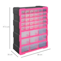 DURHAND Cassettiera in Plastica Portaminuterie con 39 Cassetti Trasparenti, Montaggio a Muro o a Terra 38x16x47.5cm Rosa