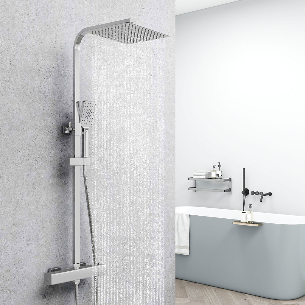 AICA Colonna doccia con miscelatore termostatico, rubinetto doccia 29x4.5cm, soffione doccia quadrato 25x25cm in acciaio inox cromato