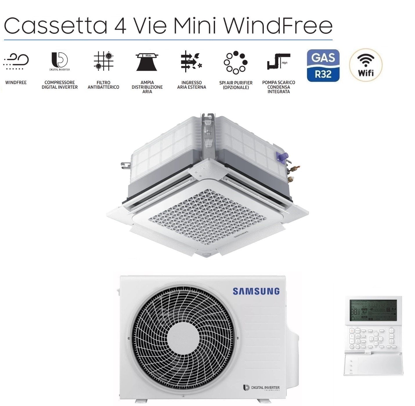 Condizionatore Cassetta 4 Vie Samsung Mini WindFree 9000 Btu AC026RNNDKG R-32 Wi-Fi Optional Con Pannello e Comando a Filo