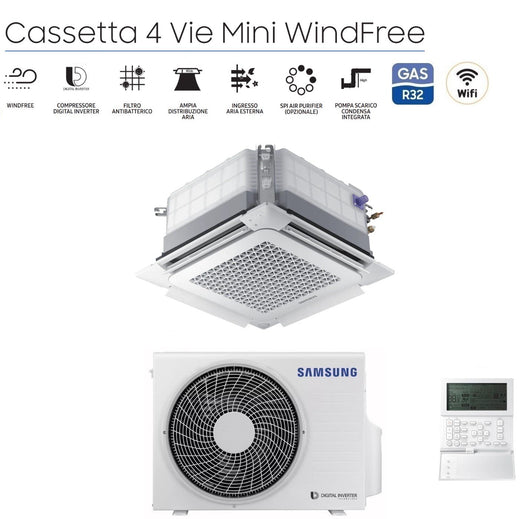 Condizionatore Cassetta 4 Vie Samsung Mini WindFree 9000 Btu AC026RNNDKG R-32 Wi-Fi Optional Con Pannello e Comando a Filo