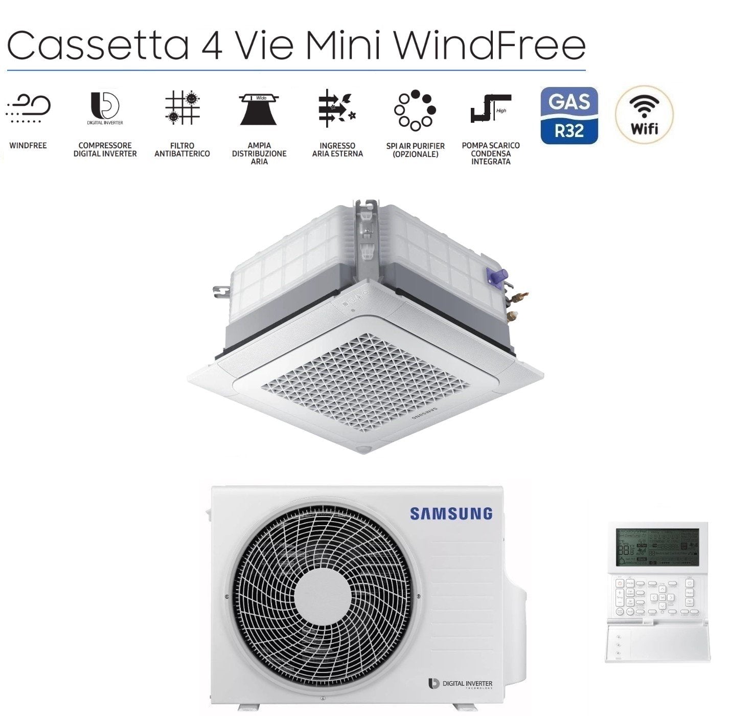 Condizionatore Cassetta 4 Vie Samsung Mini WindFree 9000 Btu AC026RNNDKG R-32 Wi-Fi Optional Con Pannello e Comando a Filo