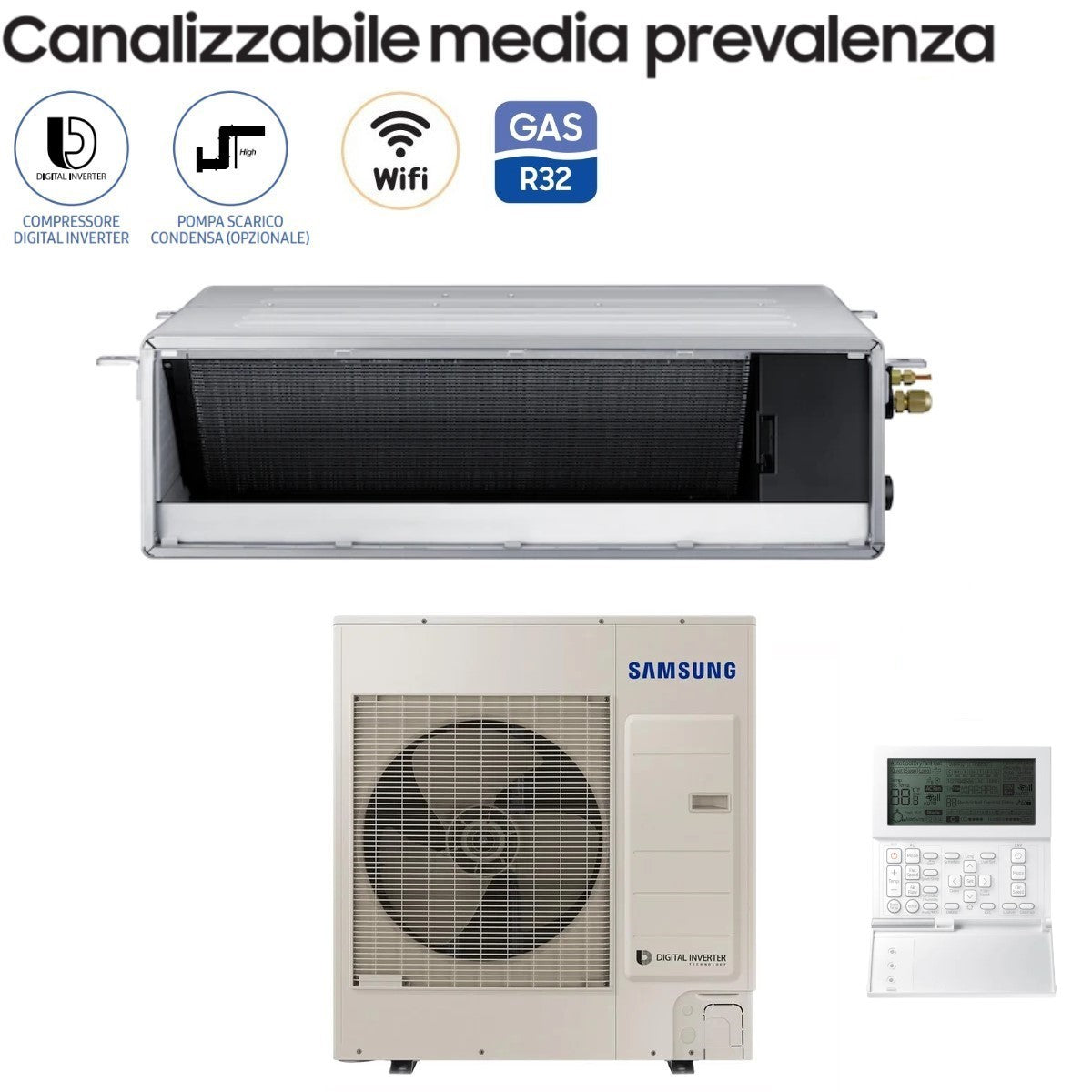 Climatizzatore Condizionatore Samsung Inverter Canalizzato Canalizzabile Media Prevalenza 36000 Btu AC100RNMDKG/EU Monofase R-32 Classe A+/A+ Con Comando a Filo Incluso - Novità