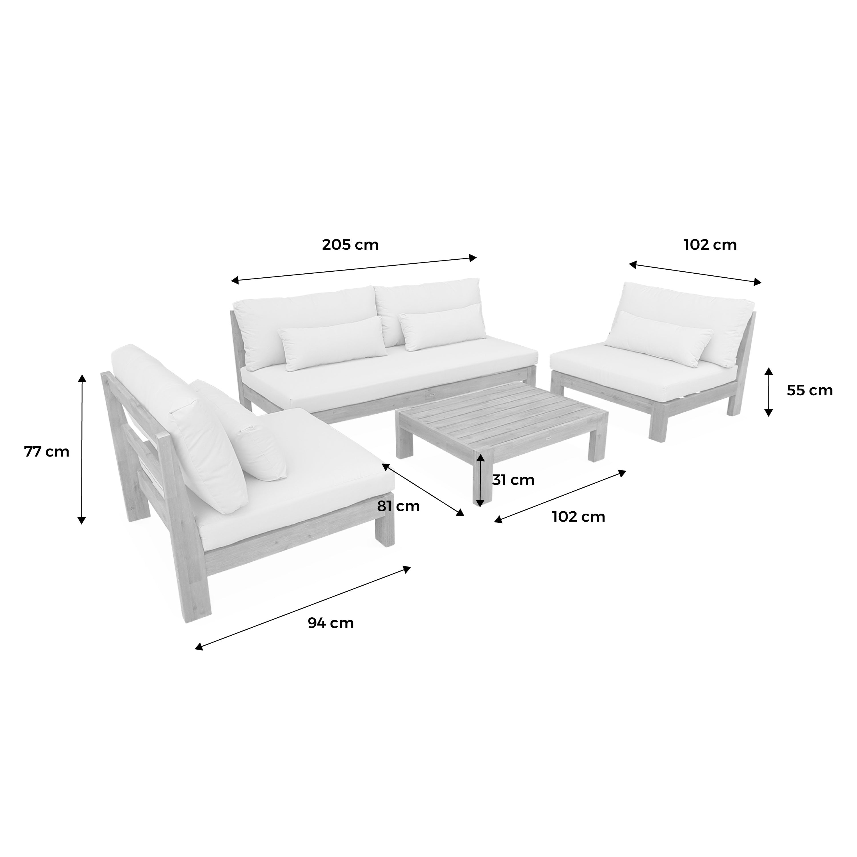 Salotto da giardino in legno a 5 posti, marrone naturale