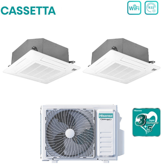 Climatizzatore Condizionatore Hisense Dual Split Inverter a Cassetta 9+12 con 2AMW52U4RXC R-32 Wi-Fi Optional 9000+12000 con Telecomando e Pannello Incluso