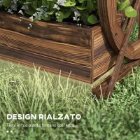 Fioriera in Legno da Esterno a 2 Livelli con 3 Vasi e Ruote di Carro Stile Country, 55x32x56cm