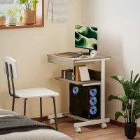 Scrivania PC con Cassetto Scorrevole, 2 Ripiani e 4 Rotelle, in Legno e Metallo, 56x51x79 cm, Bianco e Rovere