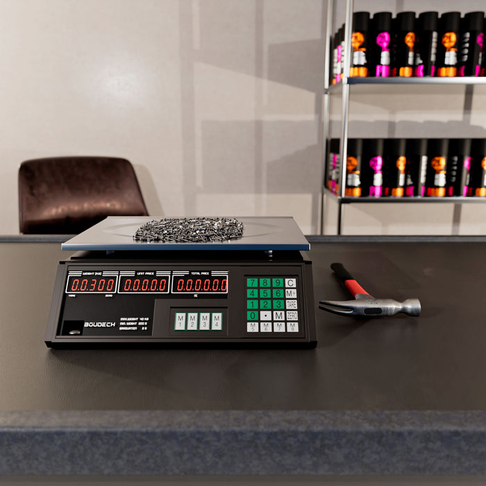 Adalat 88 - Bilancia Elettronica Commerciale a Batteria Ricaricabile da Banco 40Kg Piatto in Acciaio 33x24 cm e Schermo LCD