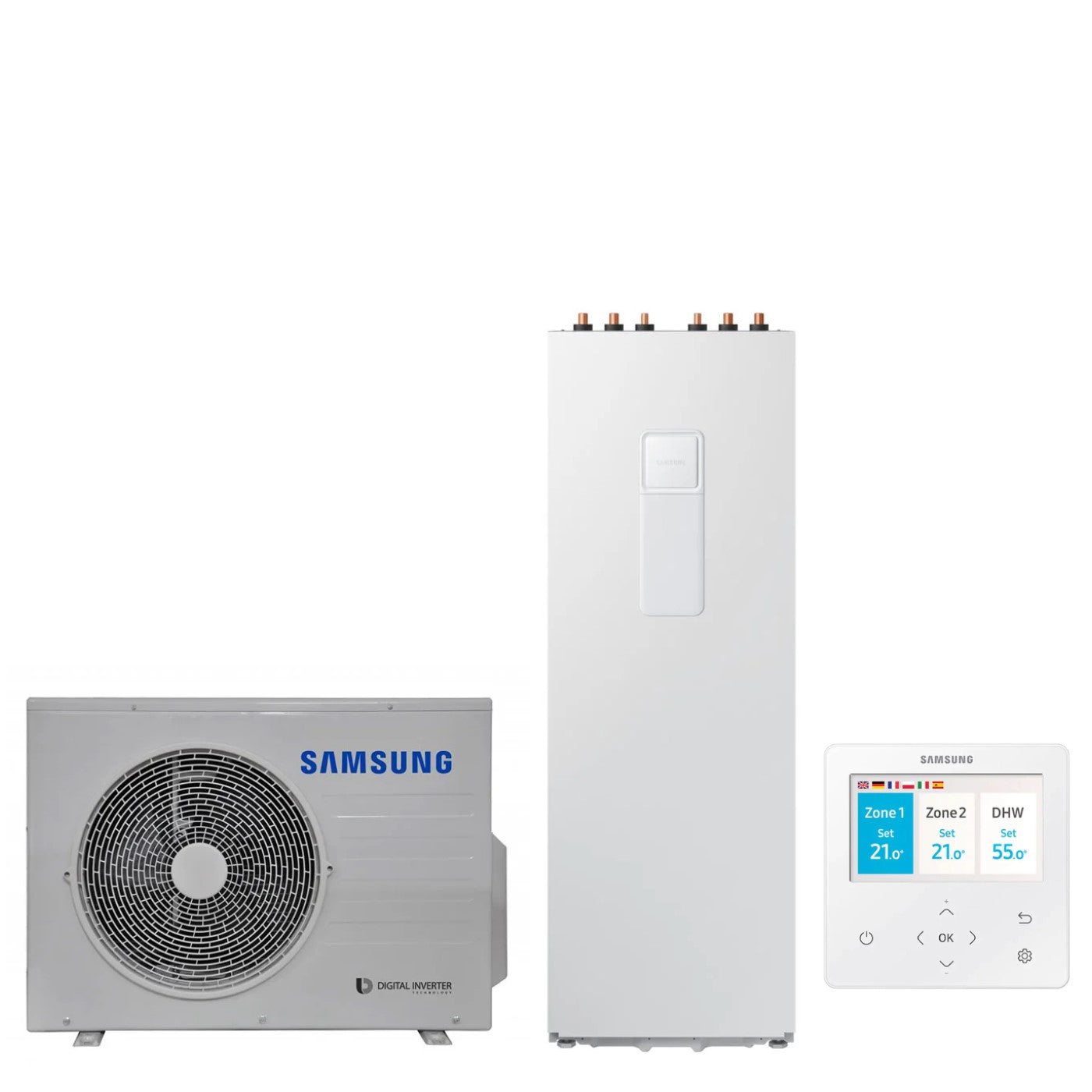 Pompa di Calore Aria-Acqua Splittata ClimateHub Samsung AE060RXEDEG/EU + Bollitore AE260RNWSEG/EU di 260 litri con Comando Incluso