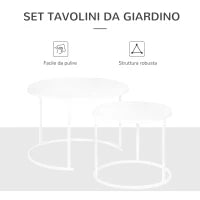 Set 2 Tavolini da Salotto e Giardino Salvaspazio Sovrapponibili, Tavolini da Caffè in Ferro, Bianco