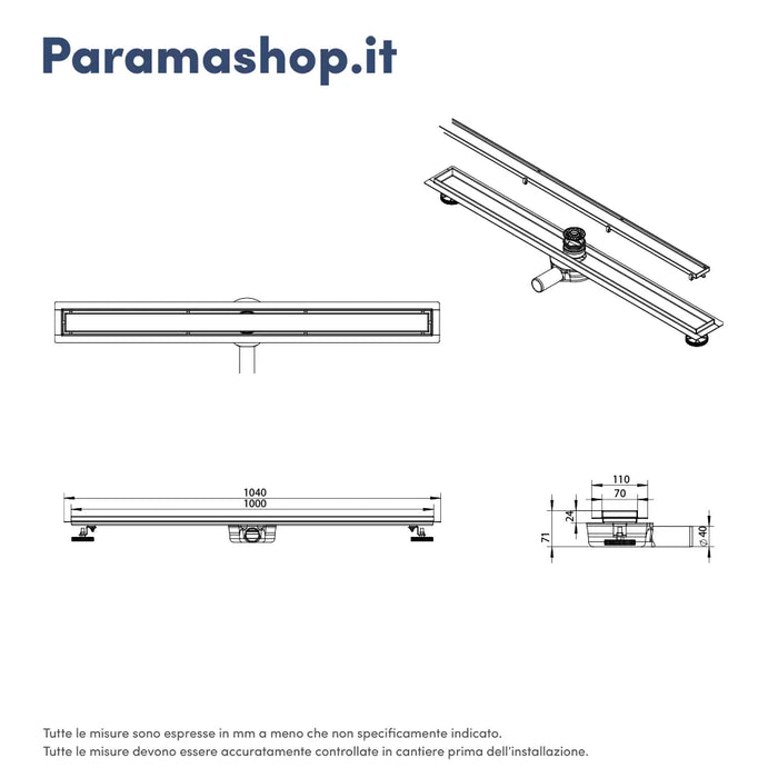 Canalina doccia in acciaio inox 100cm piastrellabile 