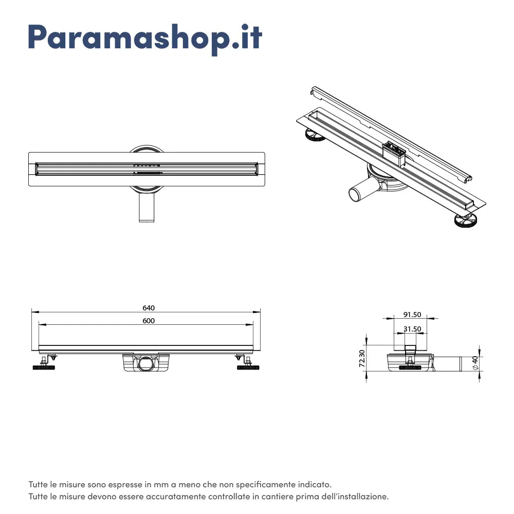 Canalina doccia 60 cm  ultraslim in acciaio inox